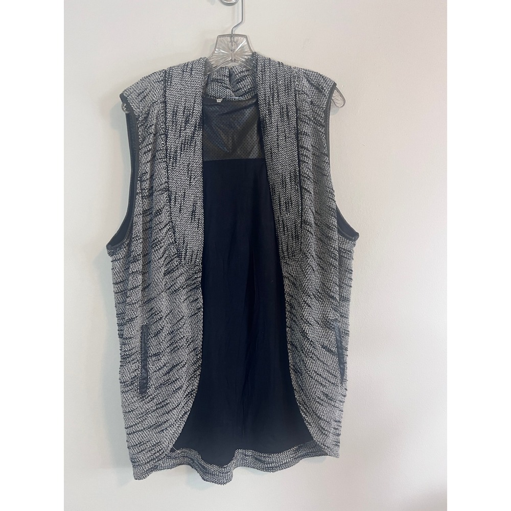 Tart Womens Black White Textured Knit Open Front Draped Vest Faux Leather Trim M